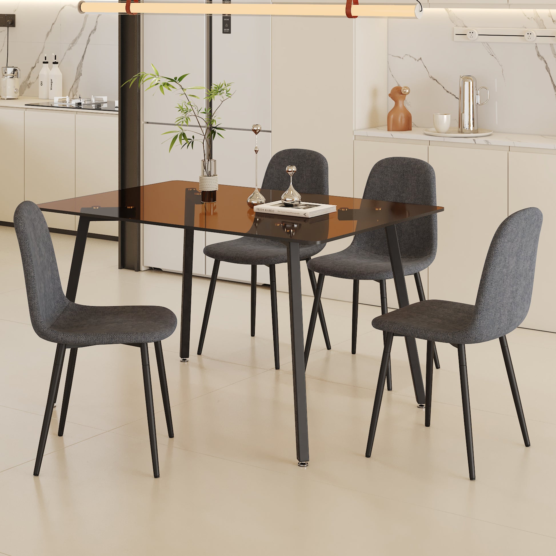 Table And Chair Set.Large Modern Rectangular Table With Brown Glass Top And Silver Metal Legs. Paired With 4 Dark Gray Chairs With Soft Linen Fabric Cushions And Black Metal Legs. Dark Gray,Silver Seats 4 Glass Metal