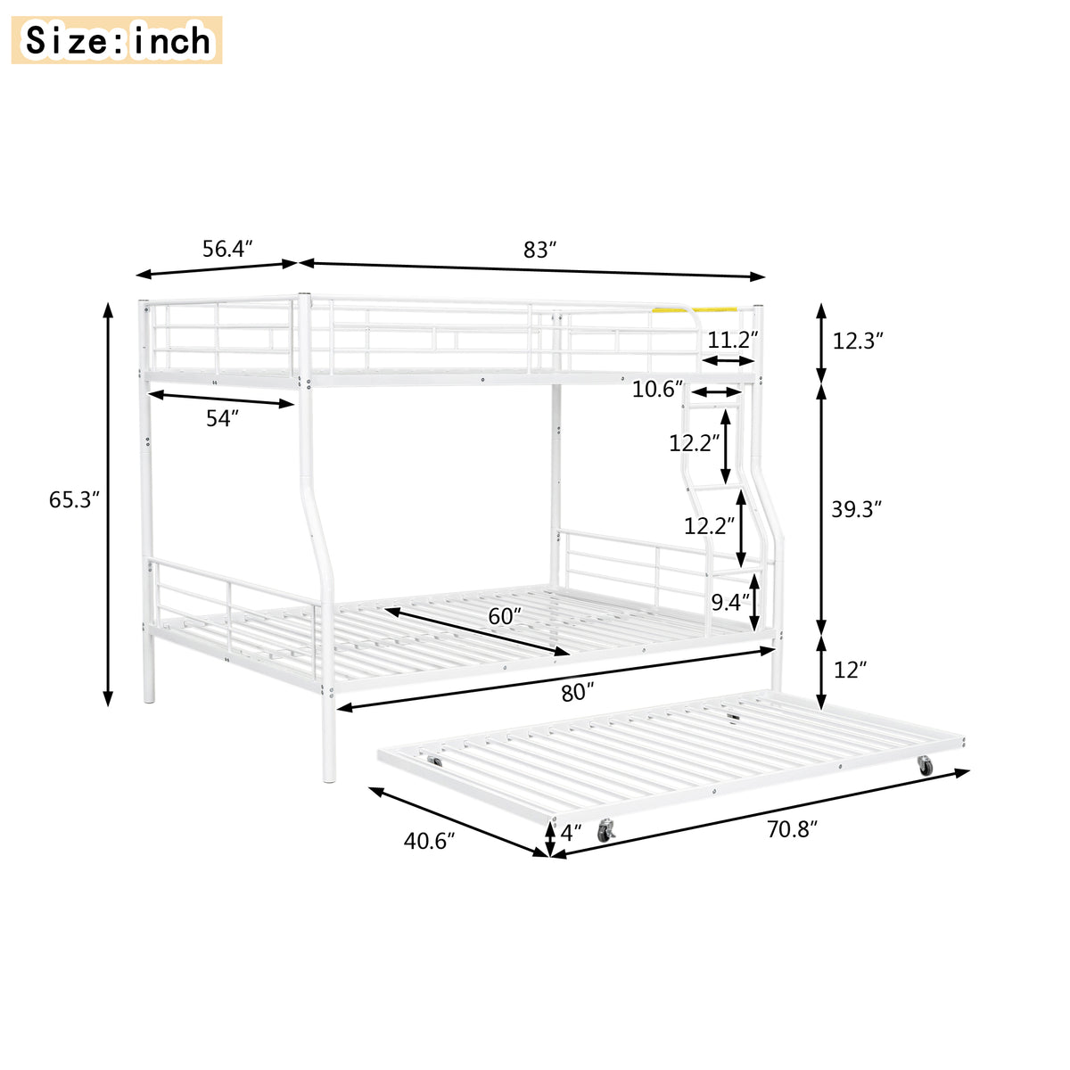 Full Xl Over Queen Metal Bunk Bed With Trundle, White Full Xl White Iron