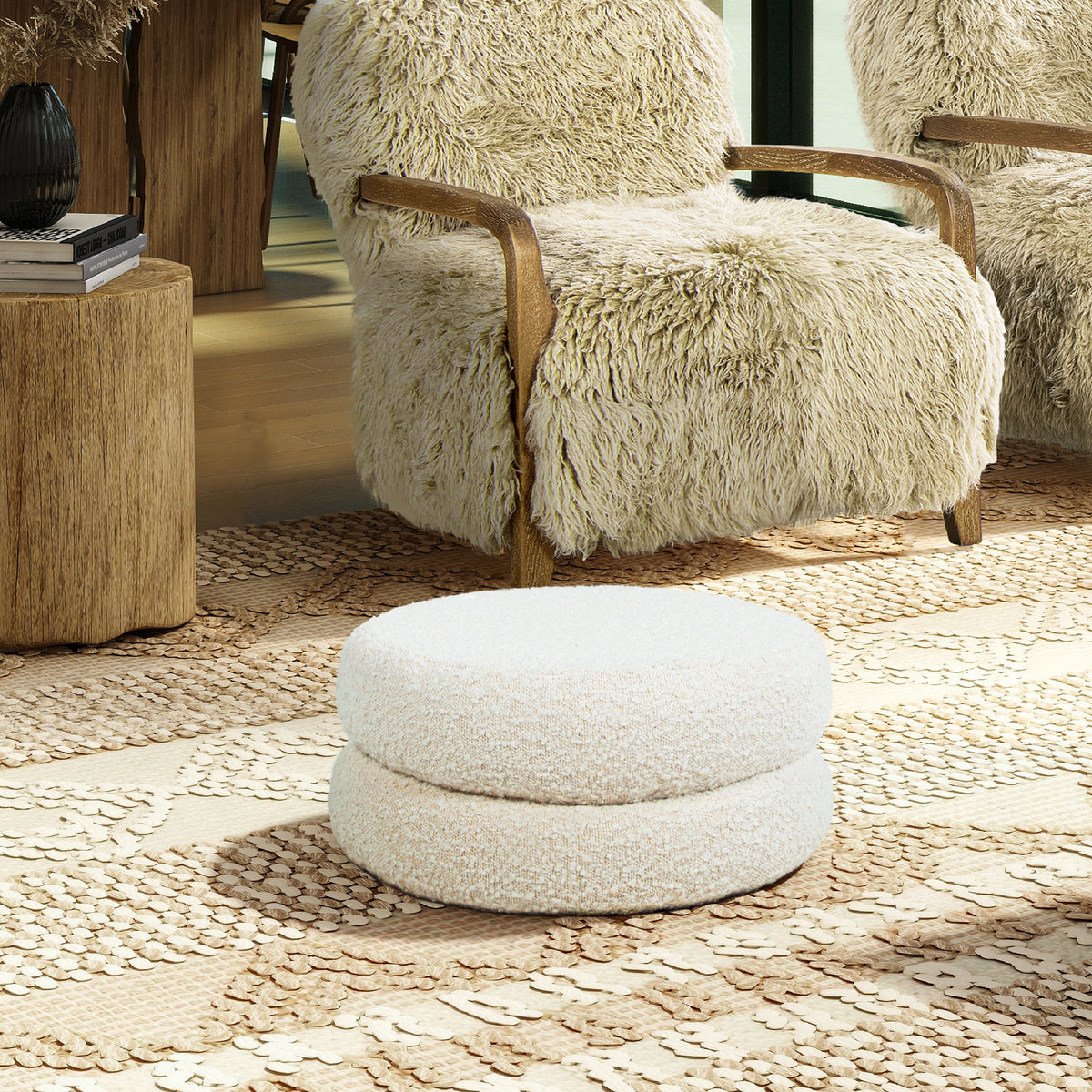 Homary 18.5" Floor Cushion Footrest Ottoman, Ivory White Boucle White Foam Boucle