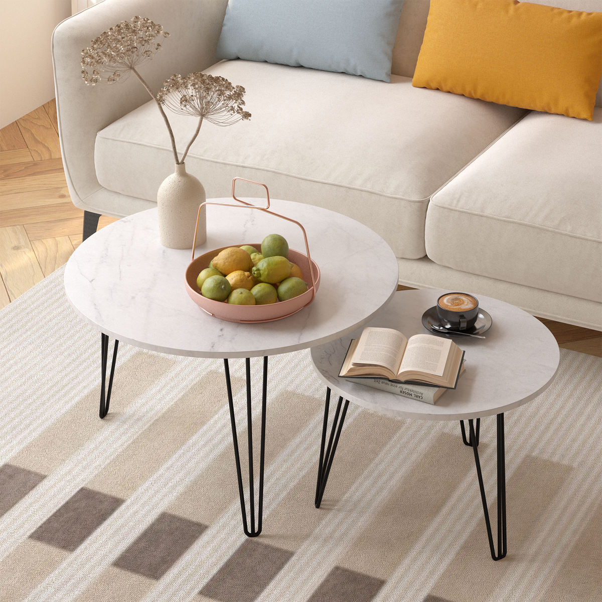 27.56'' Round Nesting Coffee Table Set Of 2, Circular Nesting End Table Set, Round Marble Tabletop, And Sturdy Metal Base For Living Room, Bedroom, White White Round Wood Metal