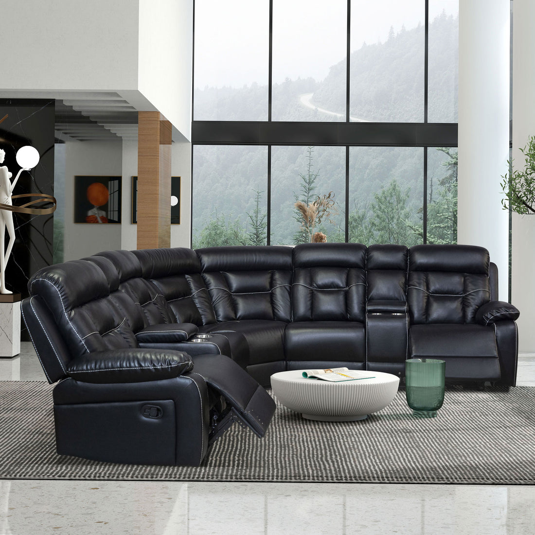 Manual Reclining Sofa Faux Leather Sofa Set Black Black Pu 5 Seat