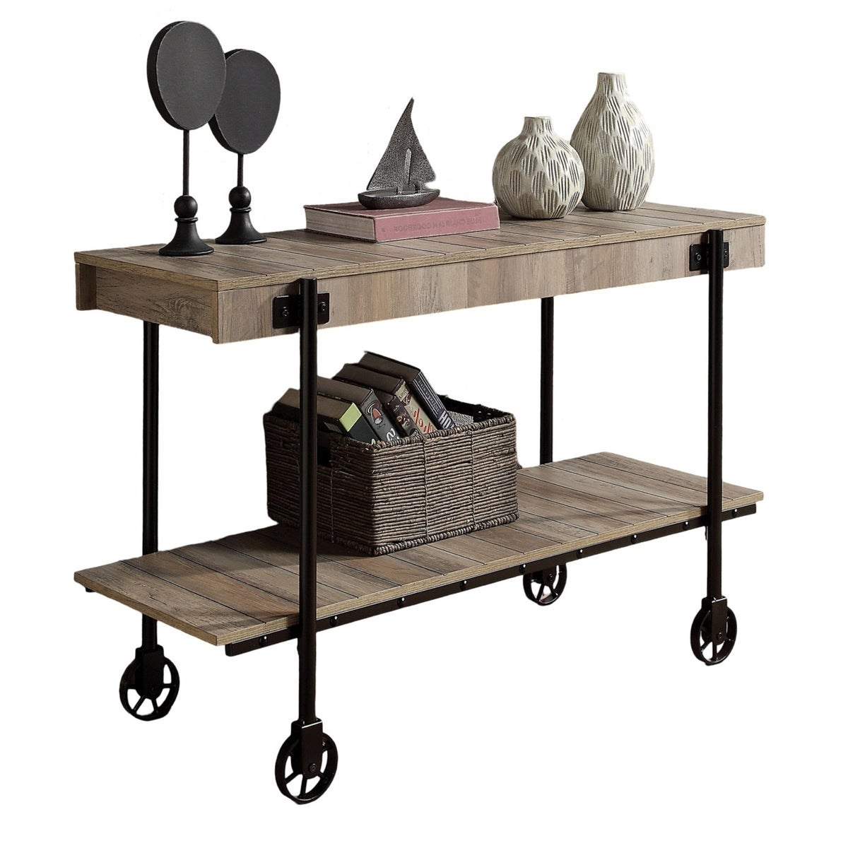 Industrial Style 1Pc Sofa Table Natural Tone Slat Design Console Table Open Bottom Shelf Living Room Furniture Black Natural Primary Living Space Classic,Industrial,Modern,Transitional Console Tables Rectangular Steel
