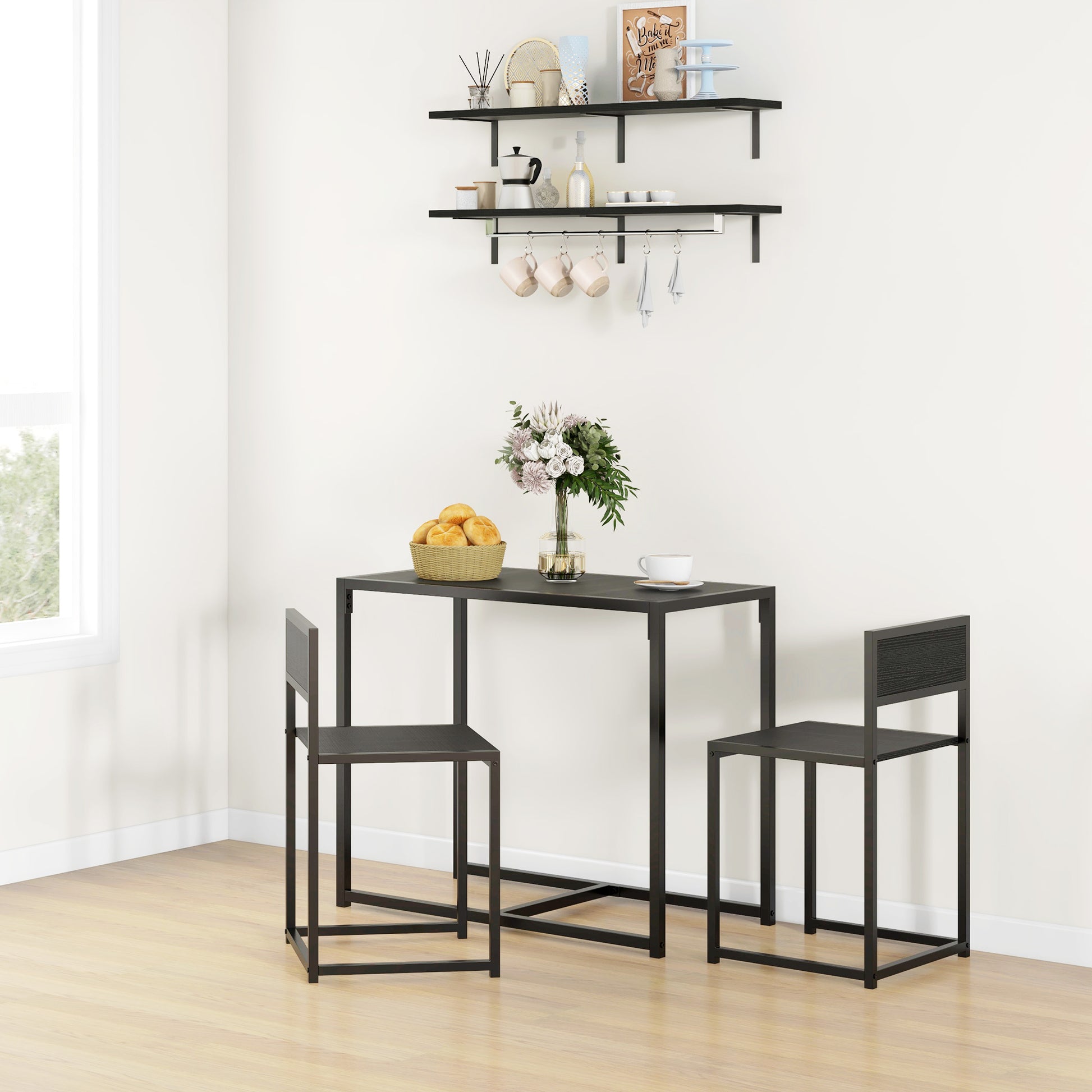 Homcom 3 Piece Industrial Dining Table Set For 2, Kitchen Table And Chairs, Dining Room Sets For Small Spaces, Black Black Mdf