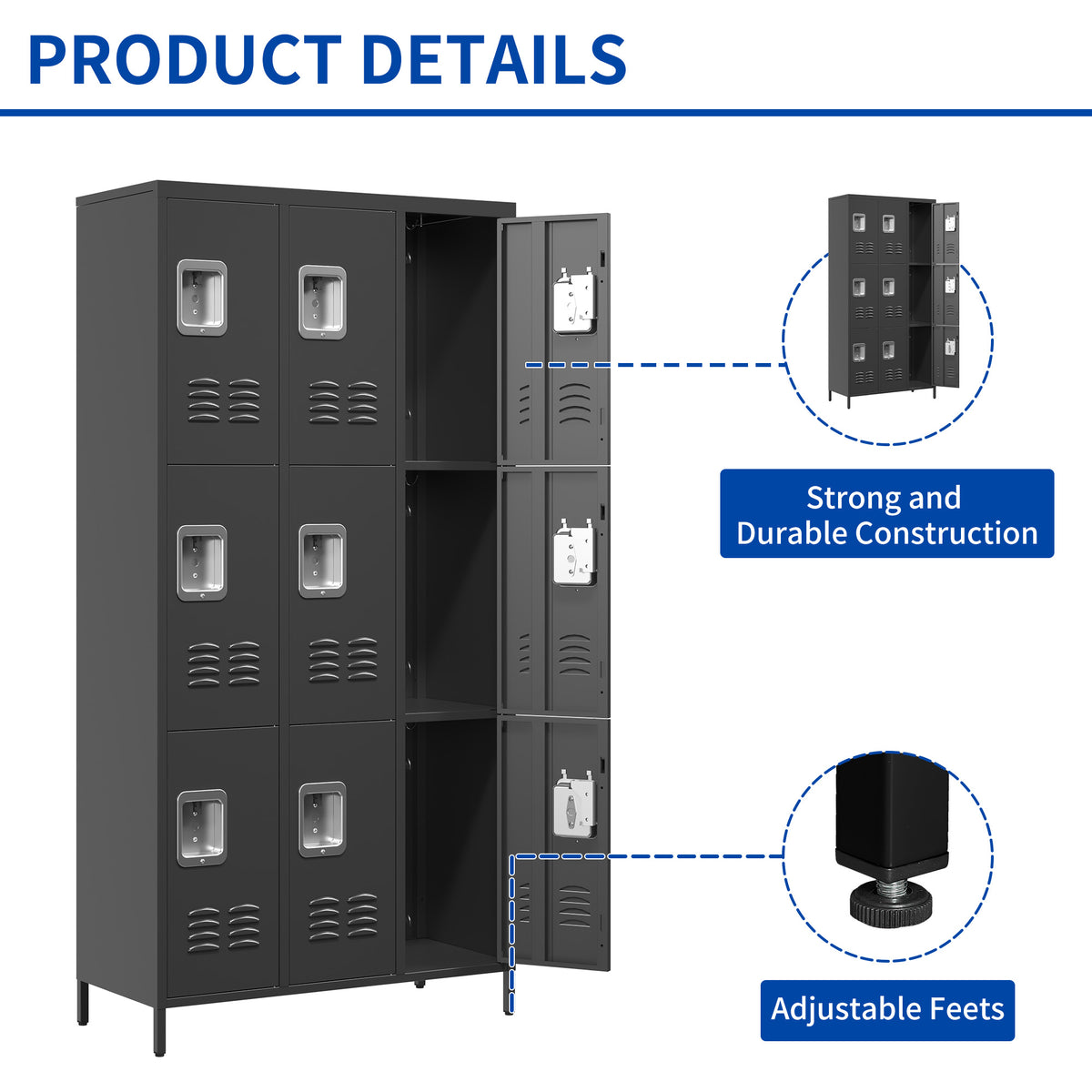 9 Door 72"H Metal Lockers With Lock For Employees,School,Office,Gym,Bedroom,Storage Locker Cabinet,Gray,Assembly Required,Black 5 Or More Spaces Black Primary Living Space Door Locks Modern Metal