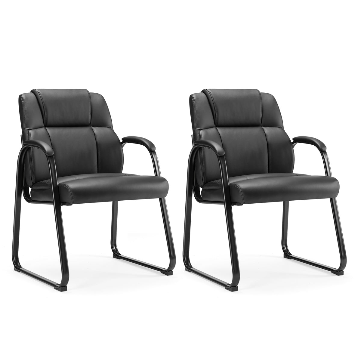 Leather Office Guest Chair No Wheels, Comfy Padded Arms And Seld Base, For Reception Conference Room Set Of 2 Black Stainless Steel