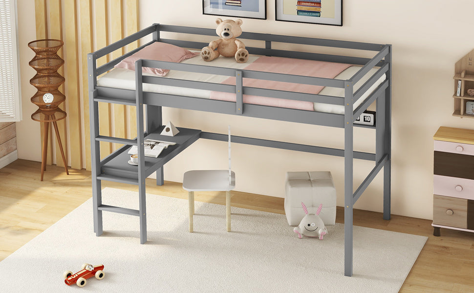Twin Size Loft Bed With Desk And Shelves, Safety Guardrail And Ladder,Grey Twin Grey Pine