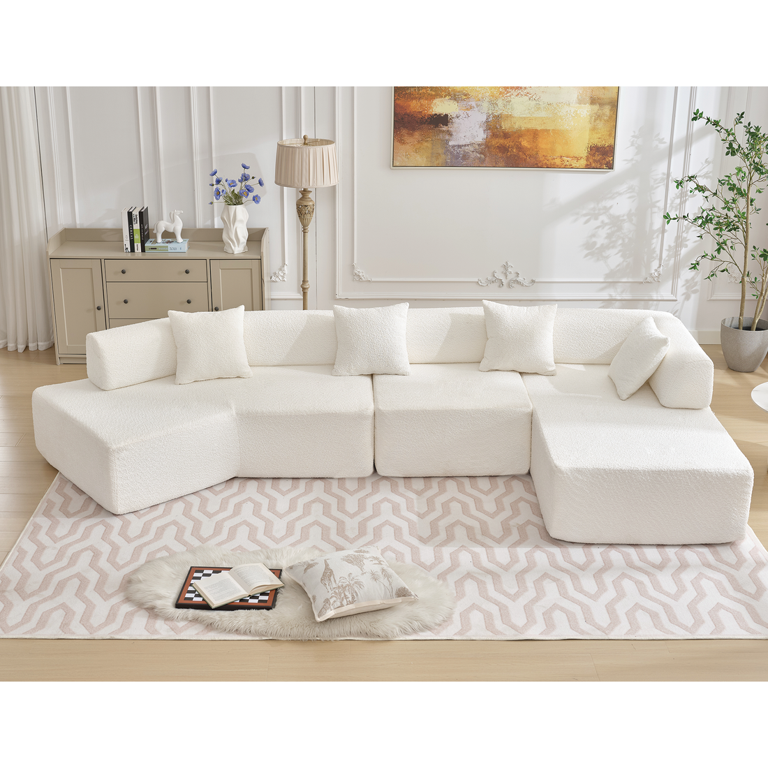 Arrived Modern Minimalist 140" L Shape Couch ,No Assembly Required,Boucle,Modular Sofa ,Couch With Chaise,Free Combination Foam Filled Sofa, 4 Seats,White White Polyester Primary Living Space Soft Modern Foam Polyester 4 Seat