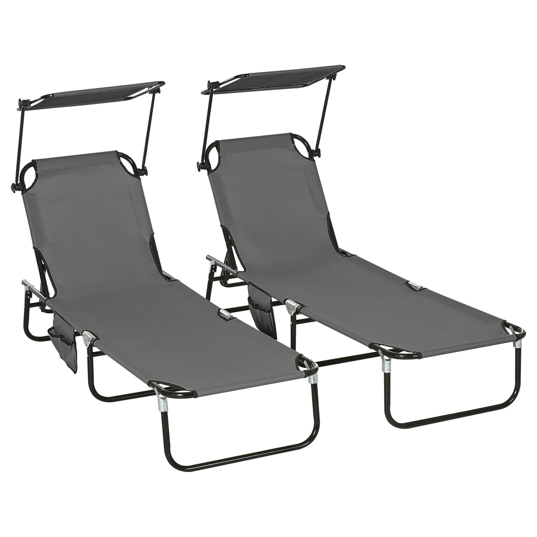 Outsunny Folding Chaise Lounge Pool Chairs, Outdoor Sun Tanning Chairs With Canopy Shade, Reclining Back, Steel Frame And Side Pocket For Beach, Yard, Patio, Dark Gray Dark Grey Steel