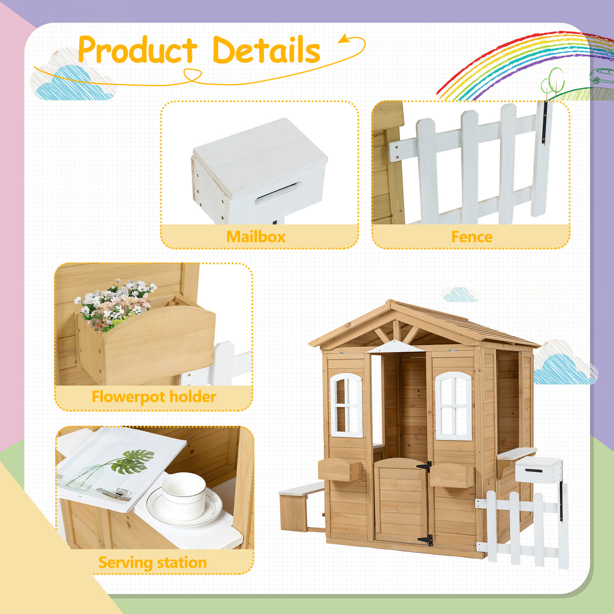 Wooden Playhouse For Kids Outdoor With Working Door, Windows, Mailbox, Bench, Flowers Pot Holder, 39" X 38" X 55.5" Natural Solid Wood