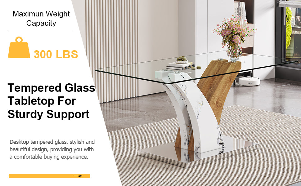 Table And Chair Set.Modern Dining Table, Tempered Glass Countertop With Artistic Mdf Legs.Paried With 4 Comfortable Chairs With Pu Seats And Metal Legs. Suitable For Various Decoration Styles. Black Brown,Transparent Seats 4 Mdf Metal