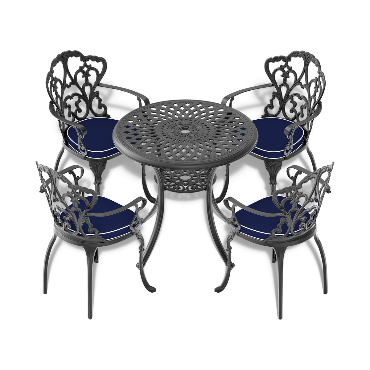 Cushions In Random Colors 5 Piece Set Of Cast Aluminum Patio Furniture With Cushions Yes Dining Set Black Seats 4 Rust Resistant Frame Water Resistant Cushion Garden & Outdoor Complete Patio Sets Aluminium