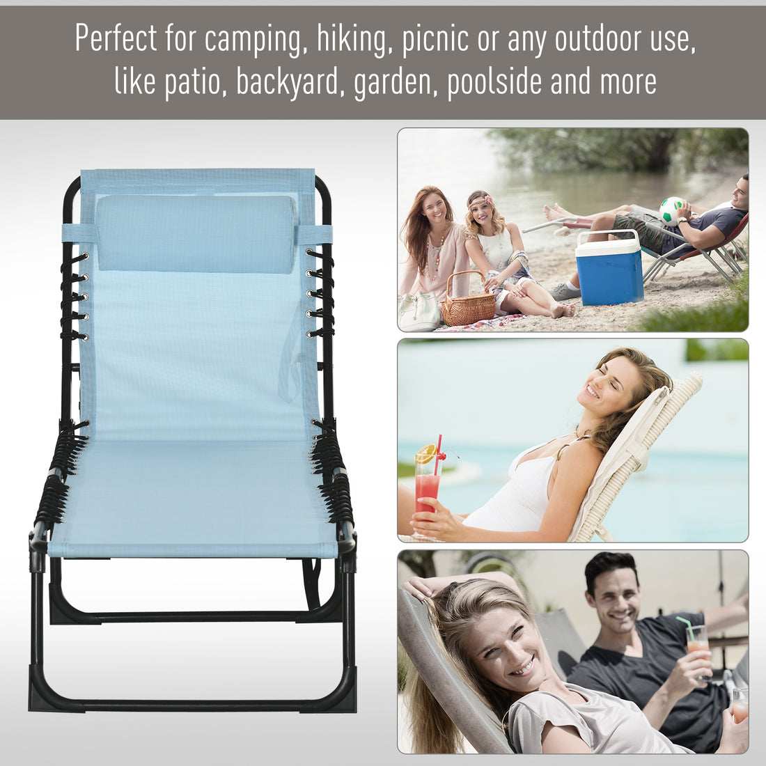 Outsunny Folding Chaise Lounge Pool Chair, Patio Sun Tanning Chair, Outdoor Lounge Chair W 4 Position Reclining Back, Pillow,Mesh & Bungee Seat For Beach, Yard, Patio, Baby Blue Blue Steel