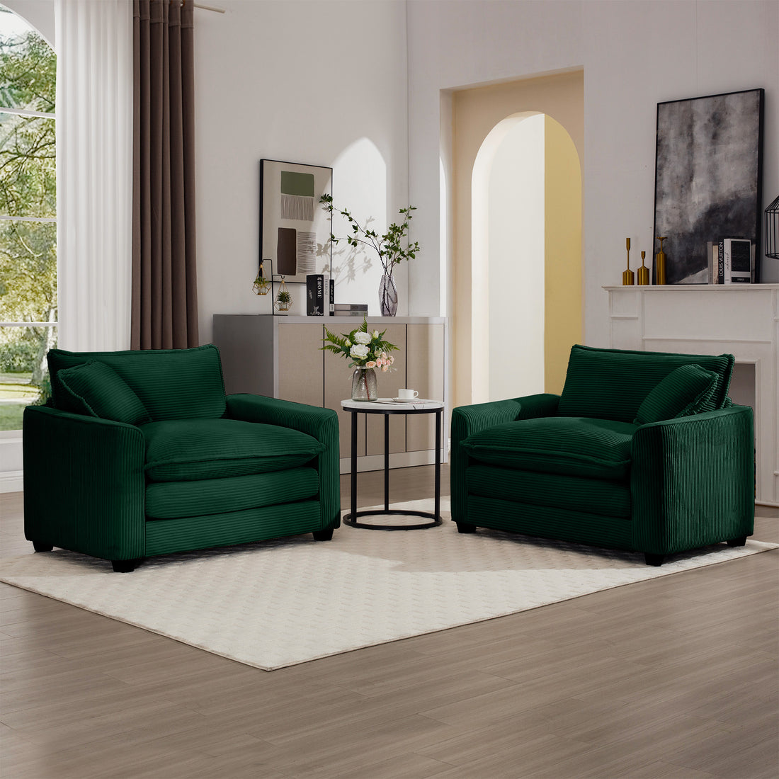 Luxurious And Sophisticated Deep Seated Sofa Set With Two Single Chairs In Green Corduroy Fabric, Suitable For Bedroom And Office Green Corduroy 2 Seat
