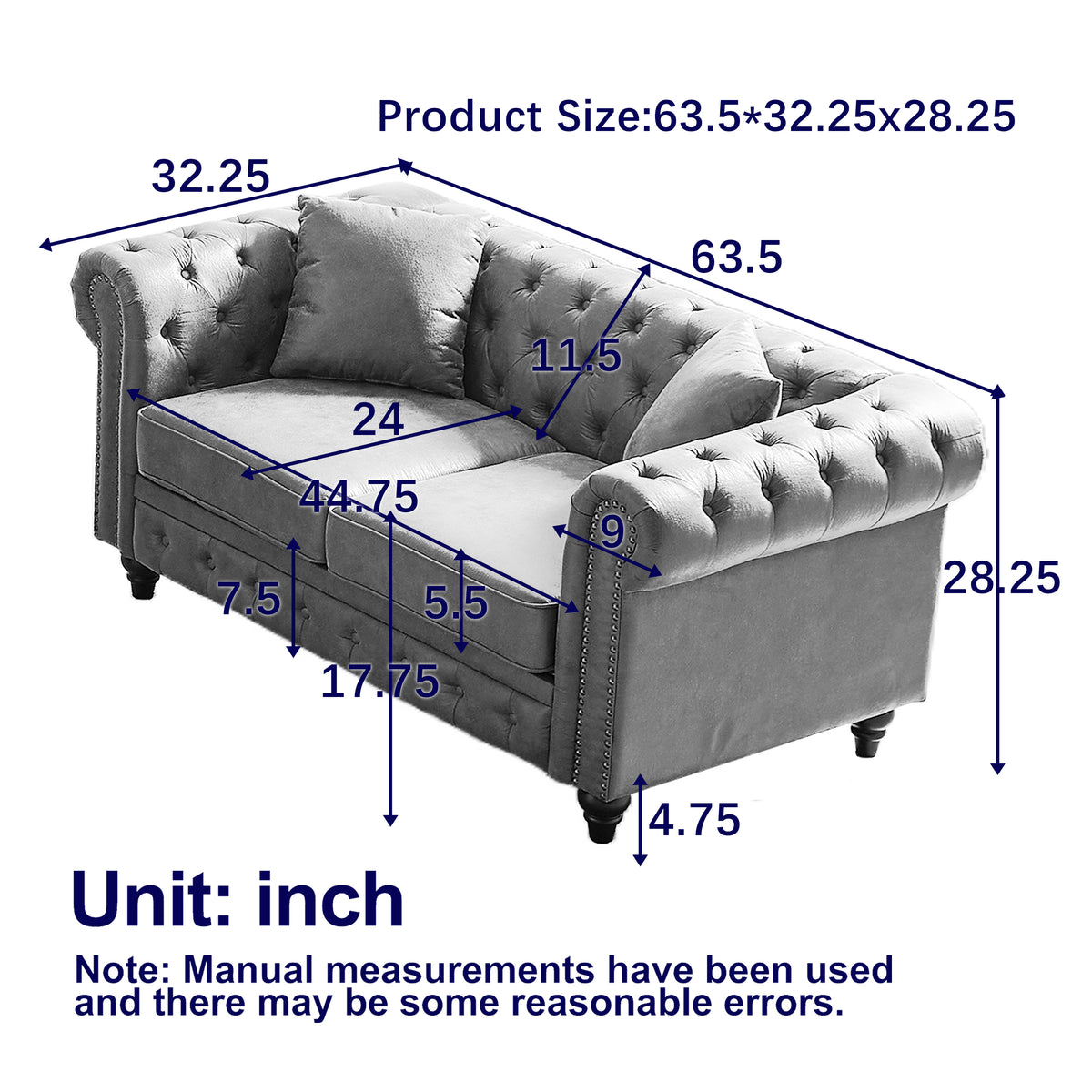 Fx 63.5" Contemporary Design Chesterfield Sofa, Tech Fabric Button Design Living Room Sectional, Button Tufted With Nail Design Arms With 2 Pillows, Upholstered Upholstery And Wooden Legs Black Wood Primary Living Space Pine Foam Fabric 3 Seat