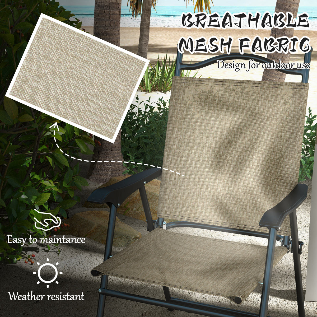 Outsunny Folding Patio Chairs, Set Of 4 Sports Chairs For Adults, Camping Chairs With Armrests,Mesh Fabric Seat For Lawn, Beige Beige Metal