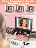 Portable Makeup Case With Led Mirror Travel Makeup Bag Cosmetic Organizer Box With Locks, Brush Holder, Dividers, Rechargeable, Rose Gold Rose Gold Aluminium Alloy