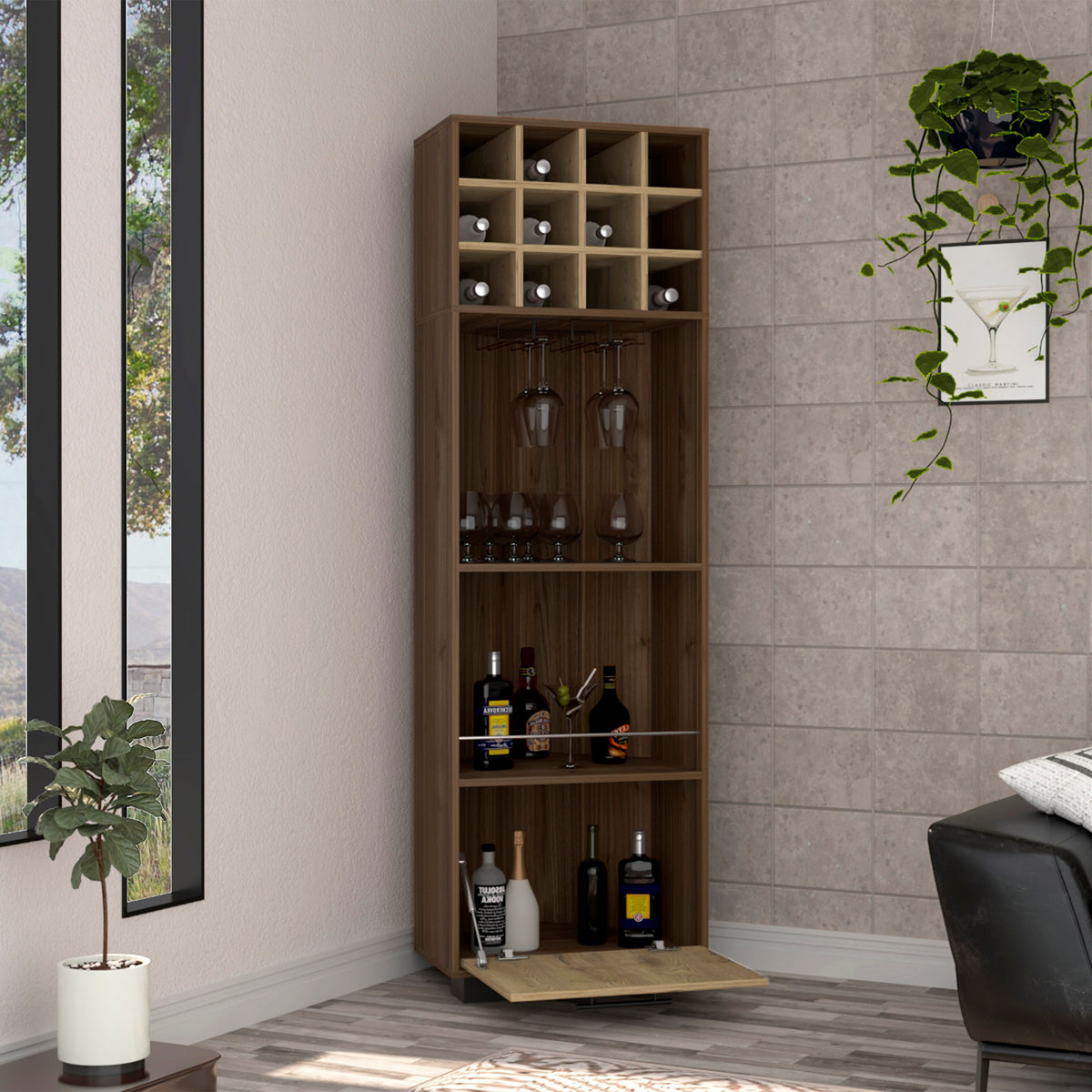 Marsella Corner Bar Cabinet, Eight Built In Wine Rack, Two Side Shelves Mahogany Macadamia Light Oak Dining Room Modern Shelves Included Particle Board