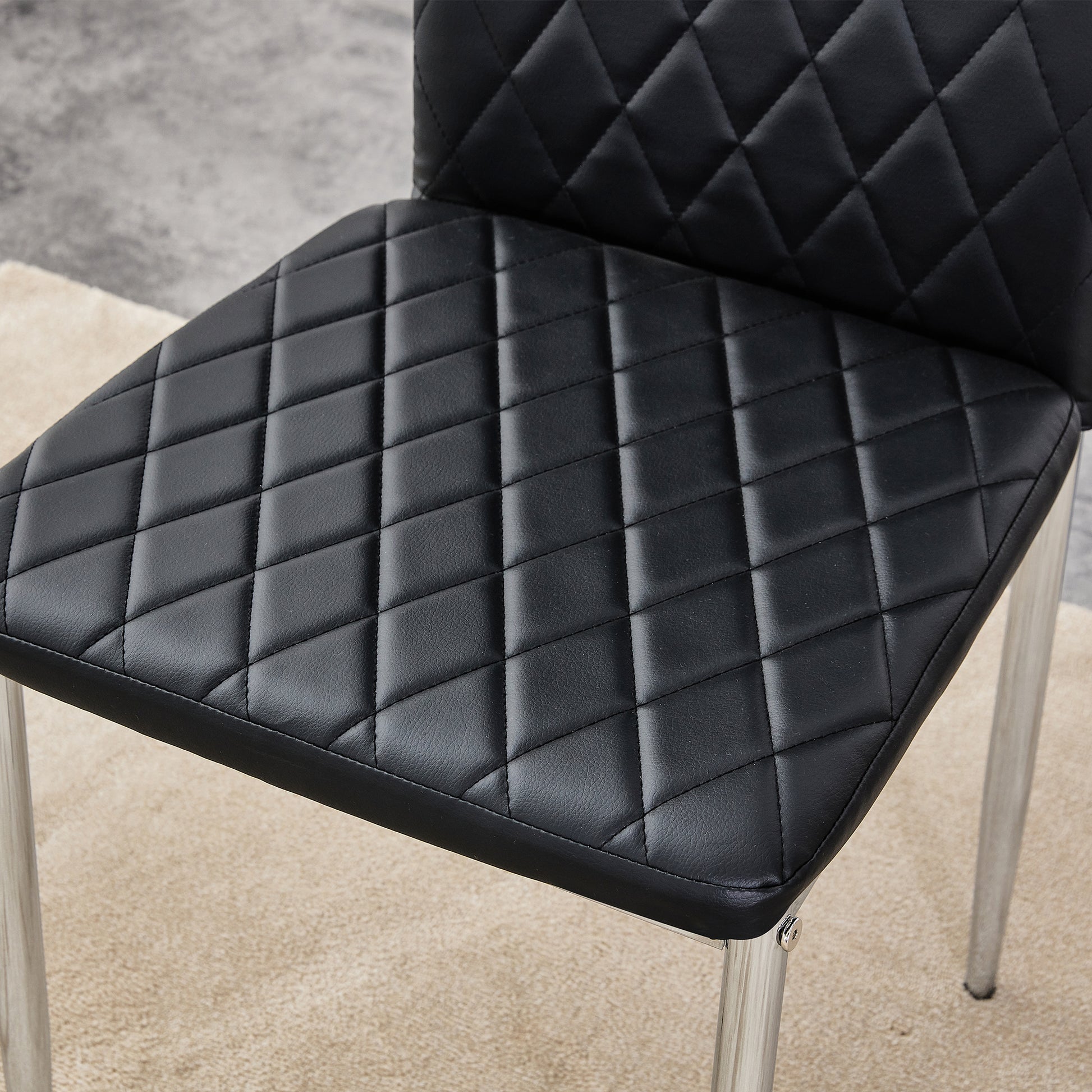 Table And Chair Set.A Rectangular Dining Table Features With Tempered Glass Top And Sleek Black Mdf Stand.Paried With 6 Pu Chairs With Checkered Armless High Back And Electroplated Metal Legs. Black,Transparent Seats 6 Mdf Glass