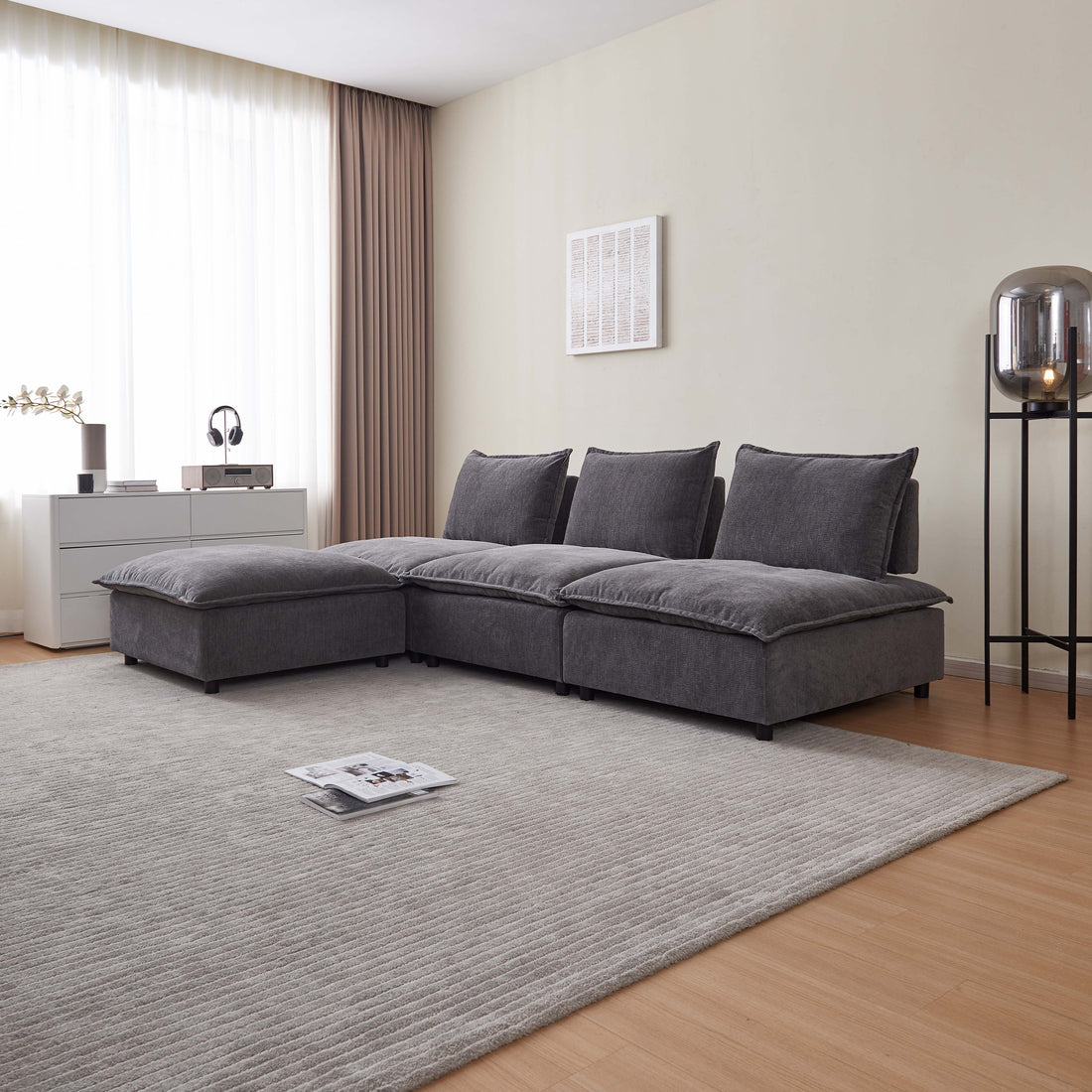 Modern Armless L Shaped Sectional Sofa Couch With Ottoman Modular Design, Durable Construction, Easy Care Upholstery For Living Room, Apartment, Office, Small Space Gray Wood Medium Soft Chenille 4 Seat