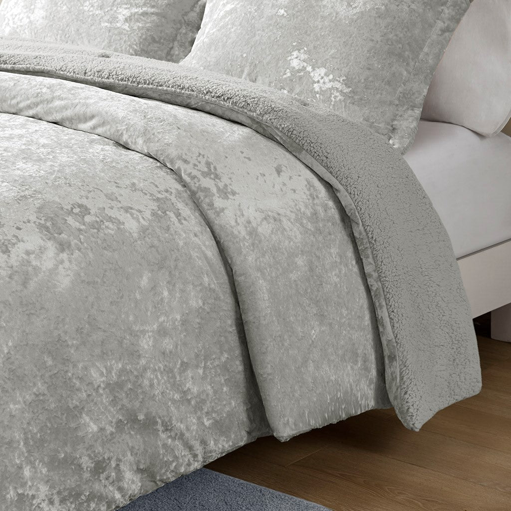 Crushed Velvet Sherpa Reversible Comforter Set King Grey Polyester