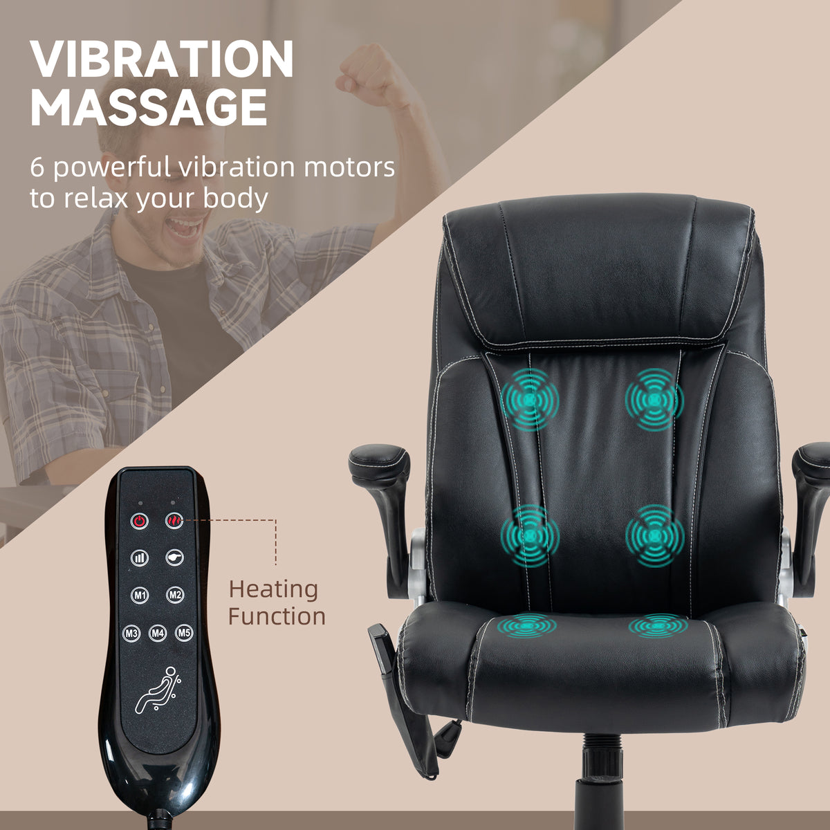Vinsetto Executive Massage Office Chair With 6 Vibration Points, Heated Faux Leather Computer Desk Chair With Flip Up Armrest, Adjustable Height, Swivel Wheels, Black Black Leather