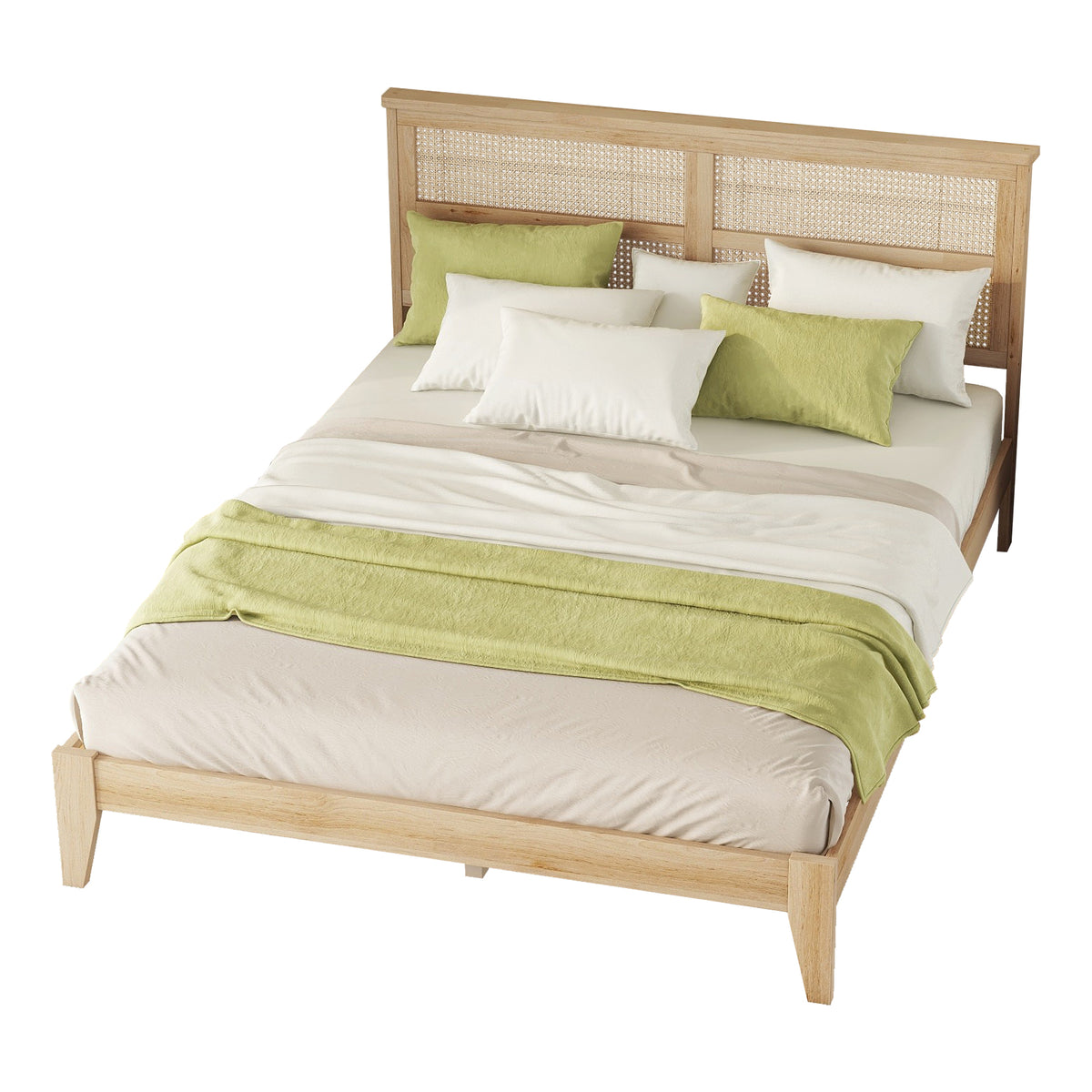 Queen Size Rubber Wooden, Solid Wooden Bed With Rattan Headboard, Enhanced By Support Feet Queen Natural American Design Rubber Wood