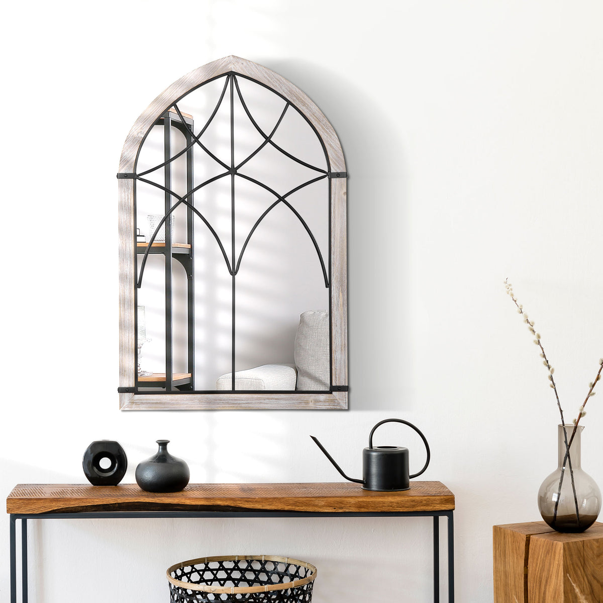 Homcom 36.5" X 23.5" Large Farmhouse Wall Mirror, Arch Window Mirror For Wall Decor In Living Room, Bedroom, Entryway, Rustic Wood Grain Multicolor Mdf