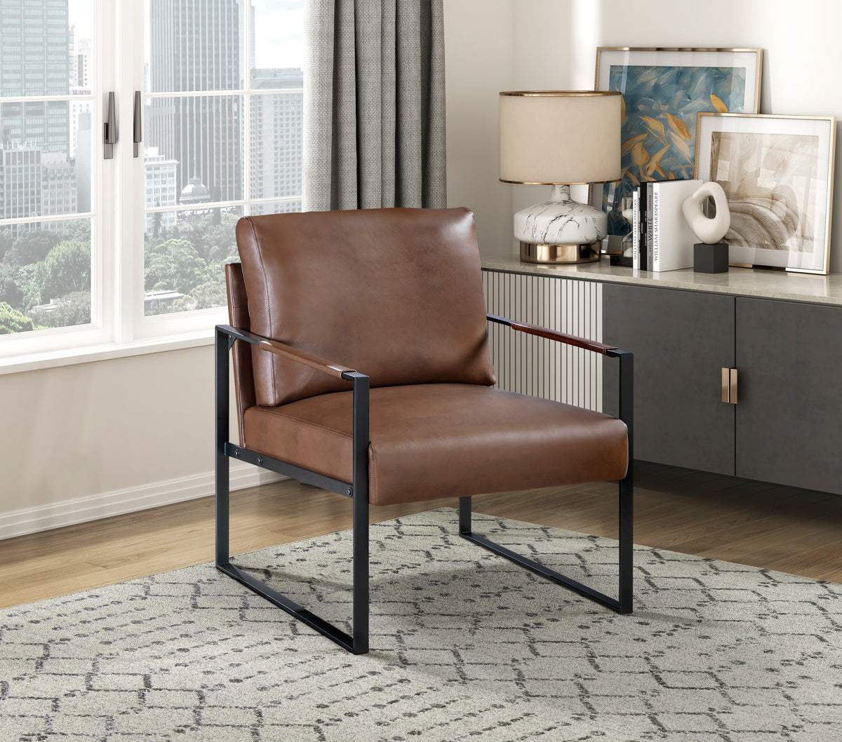 Modern Accent Chair Cushioned Seat Brown Faux Leather Upholstery Black Metal Frame 1Pc Style Comfort Durability Elegance Look Brown Primary Living Space Industrial,Mid Century Modern,Modern Metal