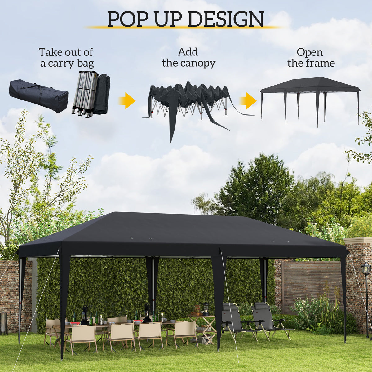 Outsunny 10' X 20' Pop Up Canopy Tent, Upgraded Heavy Duty Tents For Parties, Outdoor Instant Gazebo Sun Shade Shelter With Carry Bag, For Catering, Events, Wedding, Backyard Bbq, Black Black Steel