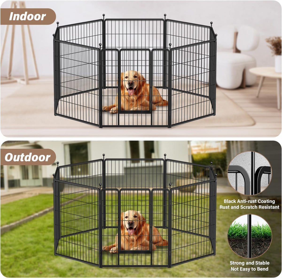 Dog Playpen Indoor Outdoor, 24" Height 16 Panels Fence With Anti Rust Coating, Metal Heavy Portable Foldable Dog Pen For Small Medium Dogs Rv Camping, Black Black Metal