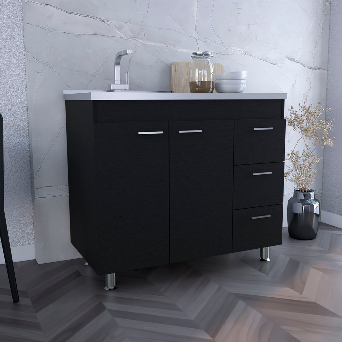Base Double Door Cabinet, Three Drawers, Black Black Solid Wood Mdf Engineered Wood
