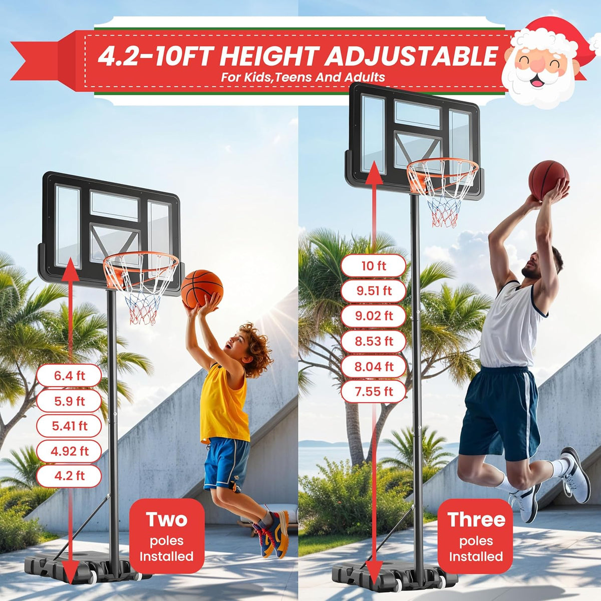 Basketball Hoop Outdoor Portable Goals Court System 4.2 10Ft Adjustable Height, 44 Inch Shatterproof Backboard & Enlarged Base, Gifts For Kids Youth Adults In Backyard Driveway Indoor Black Metal