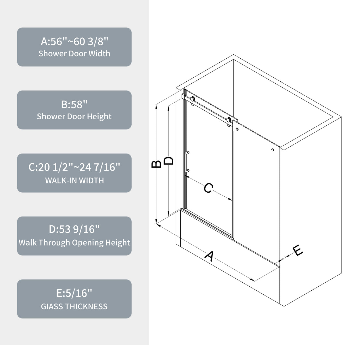 Bathtub Shower Door, Sliding Door, With 5 16" Tempered Glass And Matted Black Finish 6058 Matte Black Aluminium Alloy