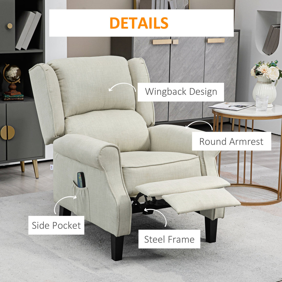 Homcom Vibration Massage Recliner Chair For Living Room With Heat, Wingback Single Sofa, Modern Linen Fabric Push Back Reclining Chair With Footrest, Side Pocket, White White Linen