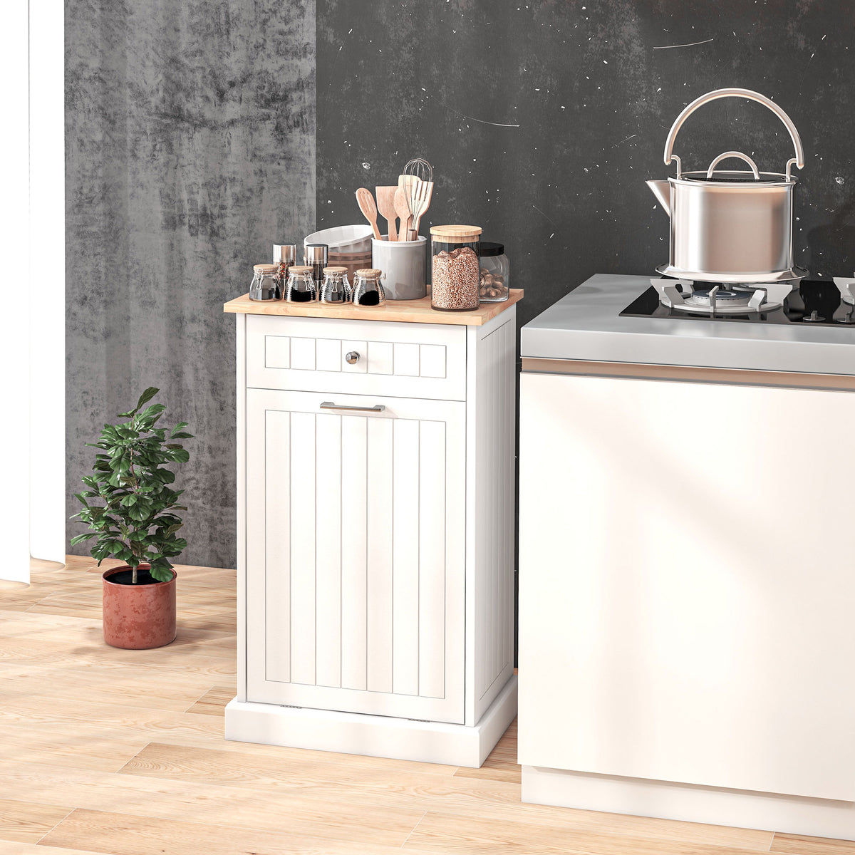 Homcom Kitchen Tilt Out Trash Bin Cabinet Free Standing Recycling Cabinet Trash Can Holder With Drawer, White White Mdf