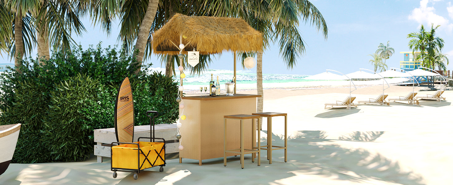 Hawaiian Style Bar Height Patio Set With Pe Grass Canopy, Outdoor Bar Table And Stools With Adjustable Feet, Acacia Wood Top, For Dining And Drinking, Natural Antique Natural Seats 2 Garden & Outdoor Wicker