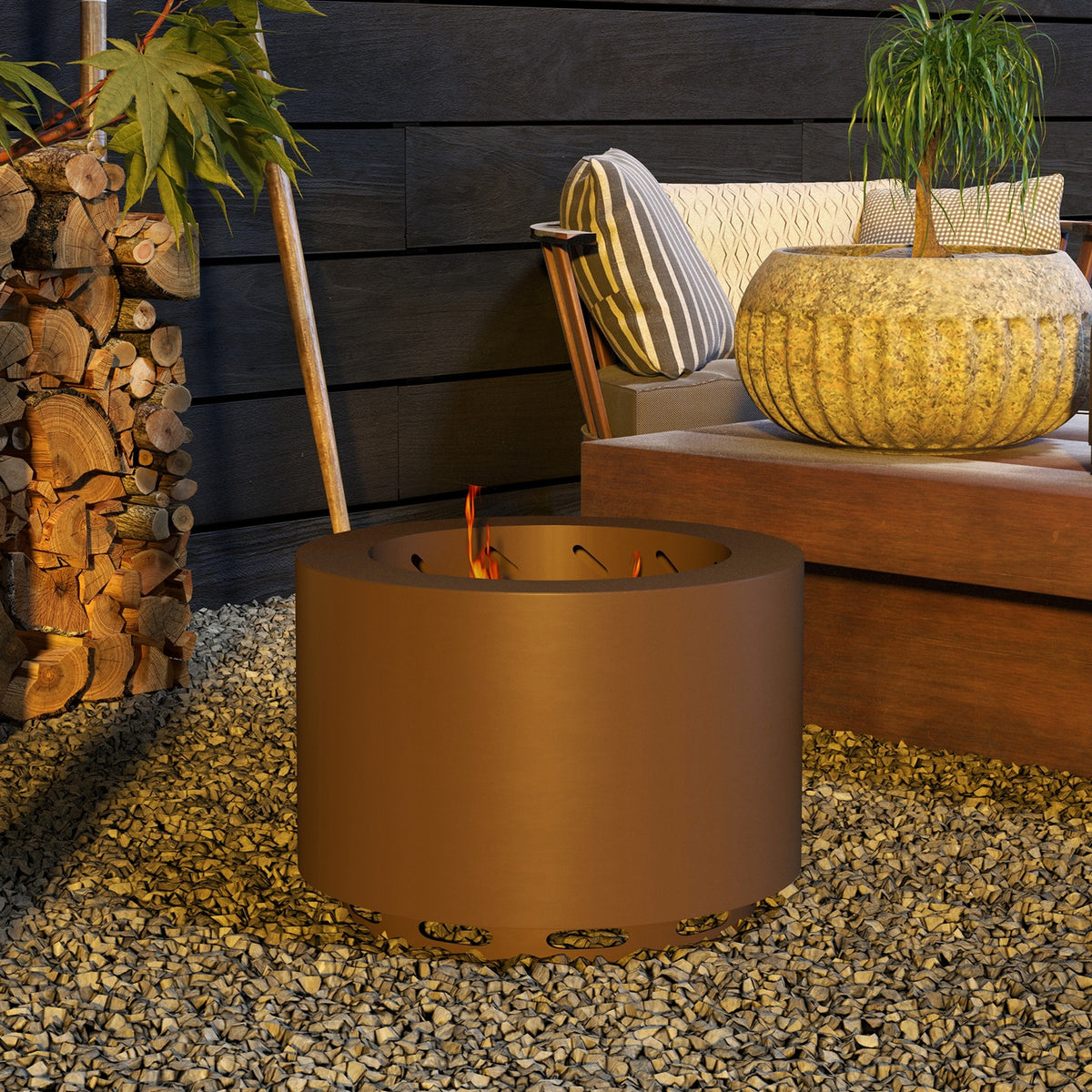 Outsunny Smokeless Fire Pit, 19" Portable Wood Burning Firepit With Poker, Low Smoke Camping Bonfire Stove For Backyard Patio Picnic, Stainless Steel, Bronze Bronze Steel