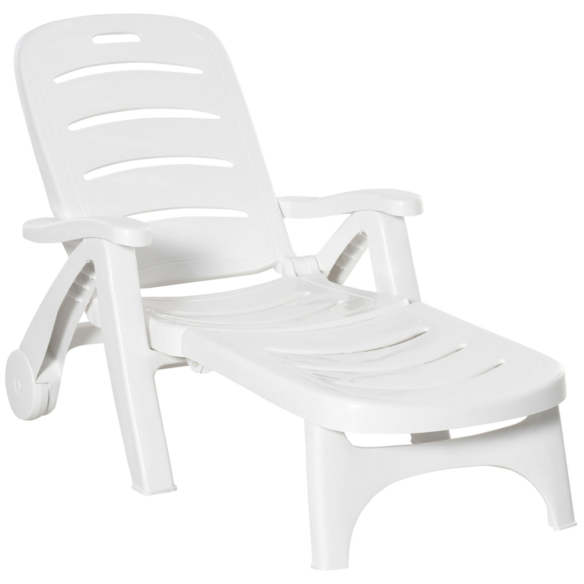 Outsunny Outdoor Chaise Lounge, 5 Level Adjustable Backrest Lounge Chair With Wheels, Folding Tanning Chair For Pool, Beach, Patio, Garden, White White Polypropylene