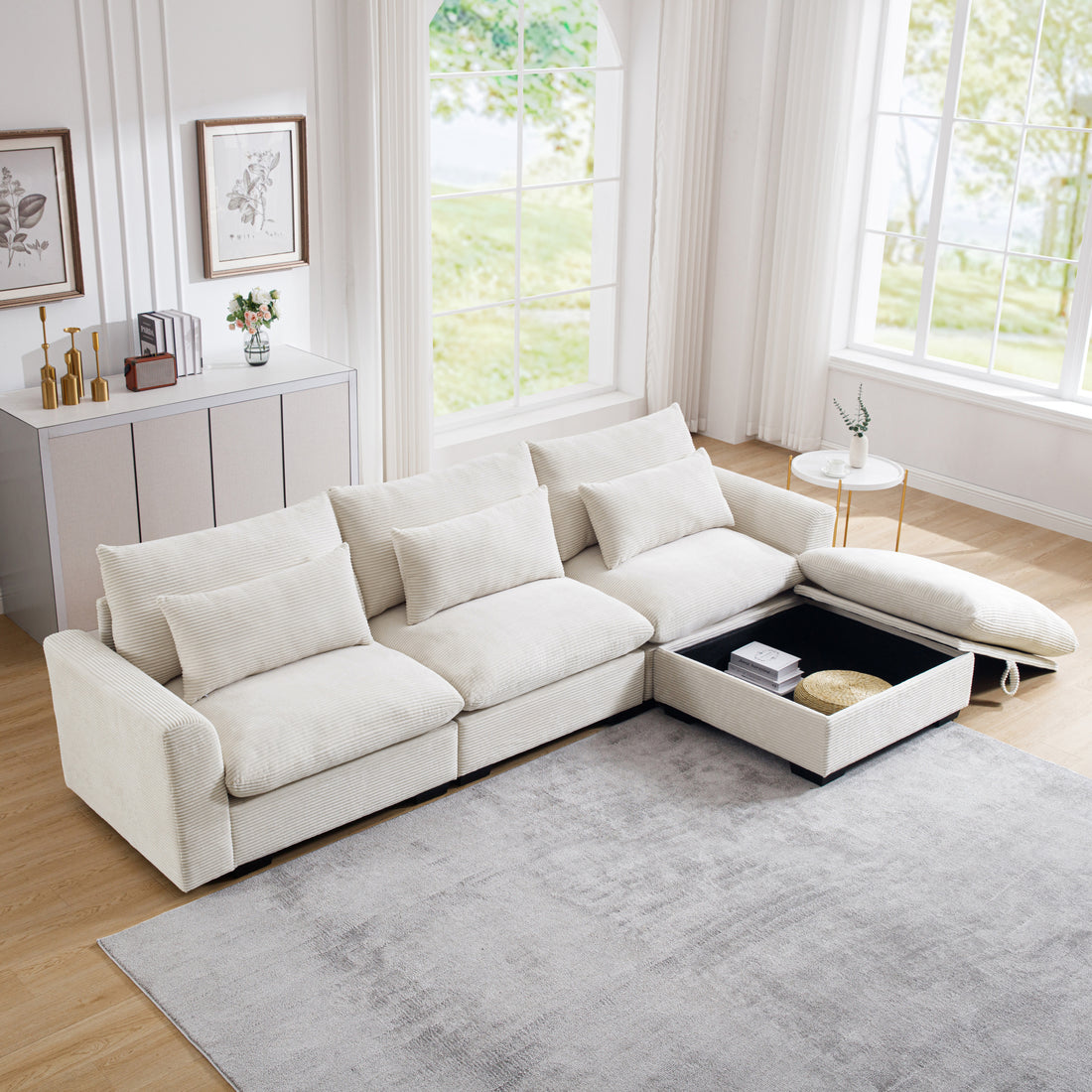 Corduroy Sectional Sofa, L Shaped Couch With Storage Footstool And 3 Pillow, Sectional Couch For Living Room Apartment, Beige Beige Corduroy 3 Seat