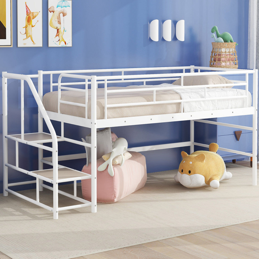 Mid Loft Bed With Storage Stairs, Twin, White Twin White Mdf Metal