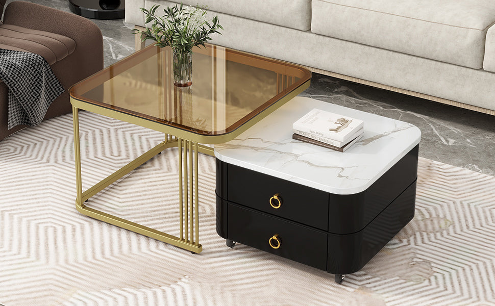 2 In 1 Square Nesting Coffee Table With Wheels & Drawers, Stackable Side Table With High Gloss Marble Grain Top, End Table Set With Brown Tempered Glass For Living Room, Black Black Gold Primary Living Space Drawers Square Mdf Steel