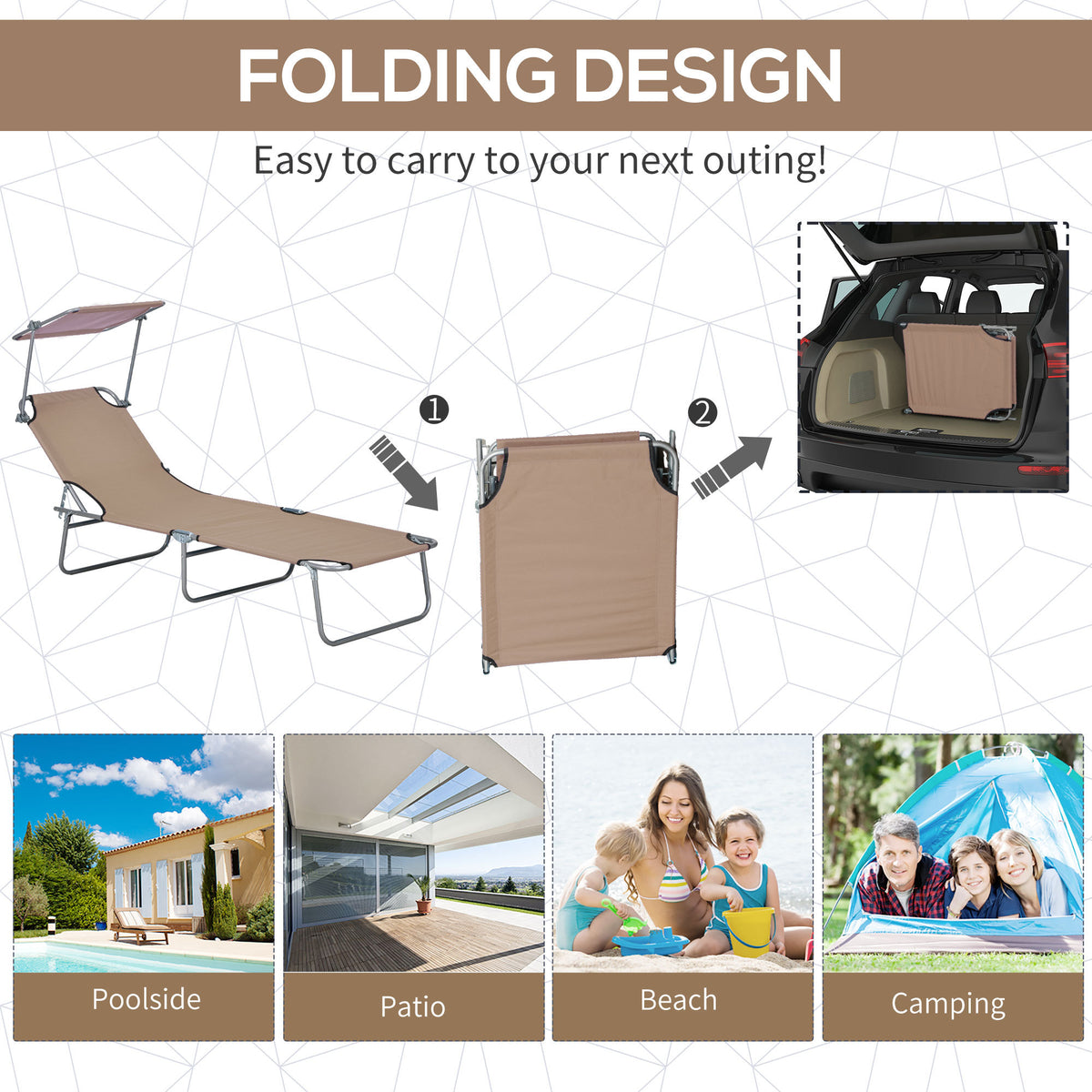 Outsunny Outdoor Lounge Chair, Adjustable Folding Chaise Lounge, Tanning Chair With Sun Shade For Beach, Camping, Hiking, Backyard, Tan Tan Steel