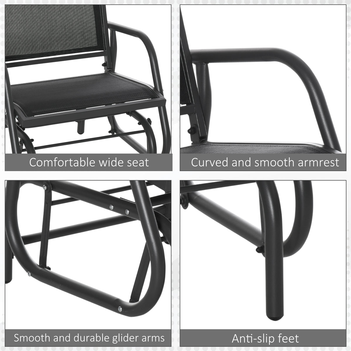 Outsunny Porch Glider Set Of 2, Metal Frame Swing Glider Chairs Withmesh Fabric, Curved Armrests And Steel Frame For Garden, Poolside, Backyard, Balcony, Black Black Steel