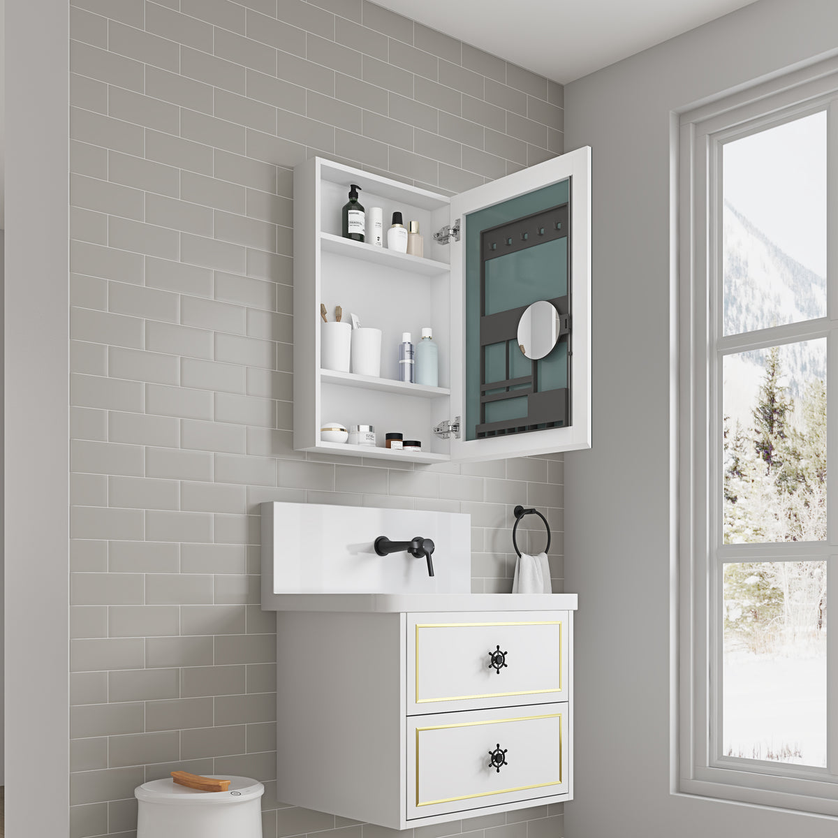 20'' W X 30'' H Bathroom Mirror Medicine Cabinet Wooden Door Medicine Cabinets For Bathroom, Wall Mounted Recessed Or Surface, Bathroom Mirror With Storage, Right Opening Door White Engineered Wood