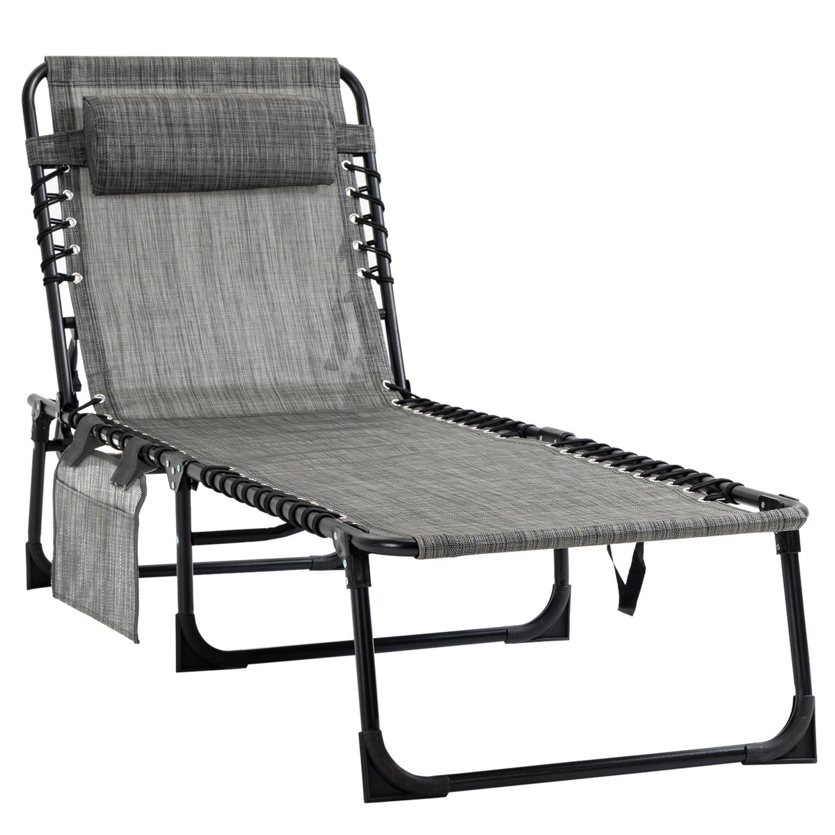 Outsunny Reclining Chaise Lounge Chair, Portable Sun Lounger, Folding Camping Cot, With Adjustable Backrest And Removable Pillow, For Patio, Garden, Beach, Grey Gray Fabric
