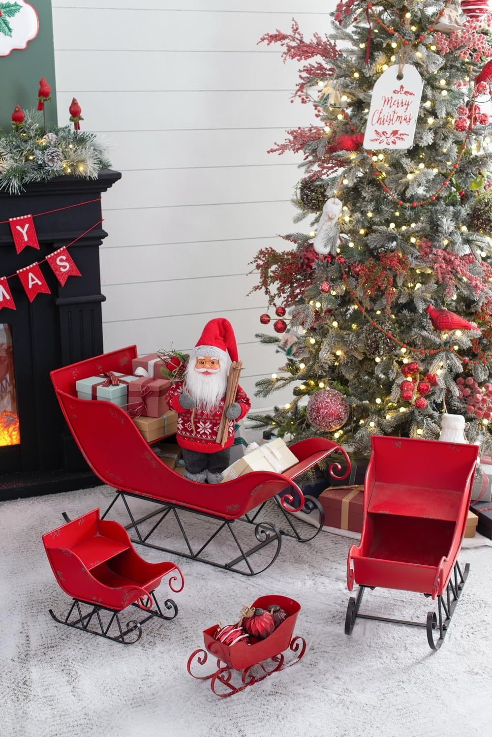 14.5X10X11"H Iron Red Black Sleigh Small, Distressed Christmas Santa Sleigh Holiday Tabletop Hanging Decoration Black Red Iron