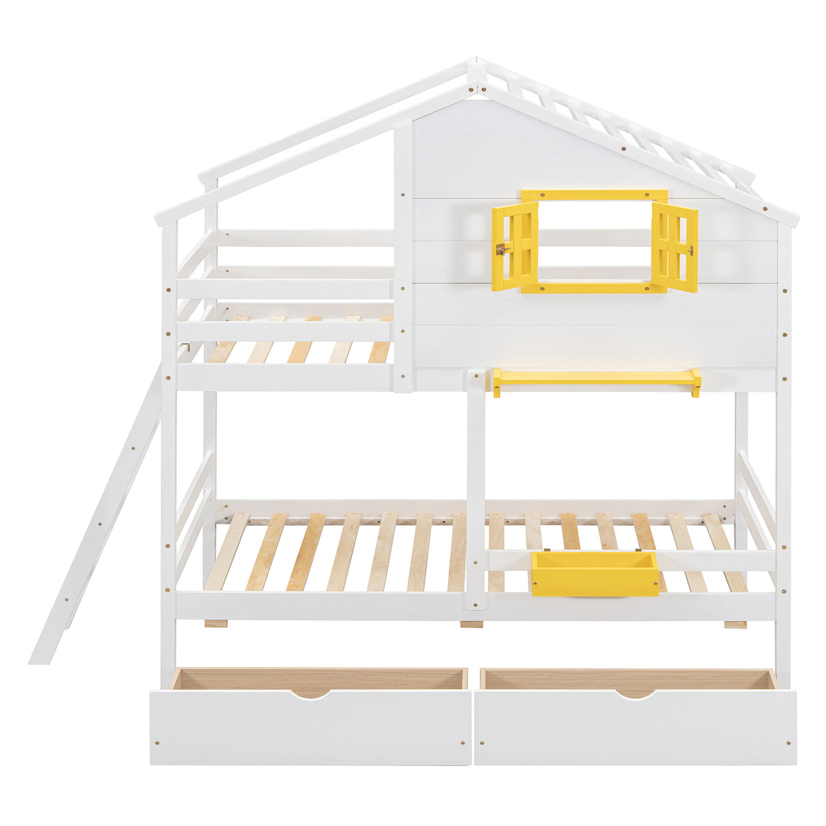 Twin Over Twin Bunk Bed With 2 Drawers, 1 Storage Box, 1 Shelf, Window And Roof White Old Sku:Lt001608Aak Twin White Solid Wood