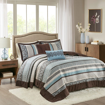 5 Piece Reversible Jacquard Bedspread Set Blue King King Blue Cotton