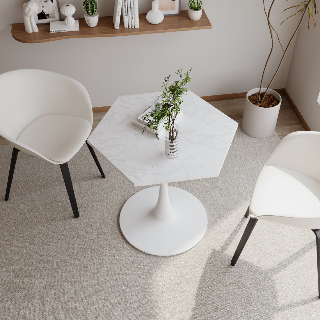 31.50" Modern Hexagonal Coffee Table With White Printed Marble Top And Metal Base For Dining Room, Kitchen And Living Room White Marble Mdf Metal
