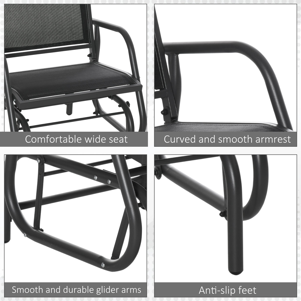 Outsunny Porch Glider, Metal Frame Swing Glider Chair Withmesh Fabric, Curved Armrests And Steel Frame For Garden, Poolside, Backyard, Balcony, Black Black Fabric Metal